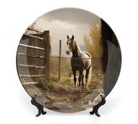 DWVSFJM Piatto decorativo in porcellana con stampa di recinzione e cavallo in porcellana con espositore piatto decorativo in ceramica piatto rotondo in porcellana per decorazioni da appendere alla