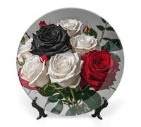 DWVSFJM Piatto decorativo in porcellana con stampa di rose nere bianche e rosse con espositore piatto decorativo in ceramica piatto rotondo in porcellana da tavola artigianato artistico per