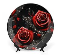 DWVSFJM Piatto decorativo in porcellana con stampa di rose rosse e stelle con espositore piatto decorativo in ceramica piatto rotondo in porcellana piatto da pranzo artigianato artistico per