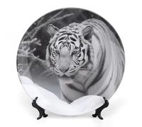 DWVSFJM Piatto decorativo in porcellana con stampa di tigre bianca nella neve con espositore piatto decorativo in ceramica piatto rotondo in porcellana piatto da pranzo artigianato artistico per