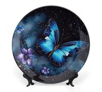 DWVSFJM Piatto decorativo in porcellana con stampa farfalla blu galassia con espositore piatto decorativo in ceramica piatto rotondo in porcellana piatto da pranzo artigianato artistico per