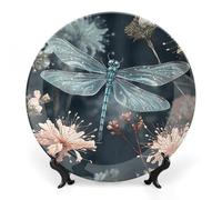 DWVSFJM Piatto decorativo in porcellana con stampa floreale libellula con espositore piatto decorativo in ceramica piatto rotondo in porcellana piatto da pranzo artigianato artistico per decorazione