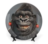 DWVSFJM Piatto decorativo in porcellana con stampa fotografica di Gorilla sorridente con espositore piatto decorativo in ceramica piatto rotondo in porcellana piatto da pranzo artistico artigianato