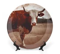 DWVSFJM Piatto decorativo in porcellana con stampa mucca del Texas con espositore piatto decorativo in ceramica piatto rotondo in porcellana piatto da pranzo artigianato artistico per decorazione da