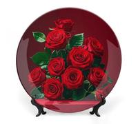 DWVSFJM Piatto decorativo in porcellana con stampa rossa e rose Bone China con espositore piatto decorativo in ceramica piatto rotondo in porcellana piatto da pranzo artigianato artistico per