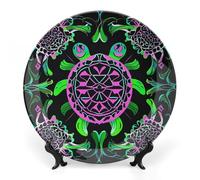 DWVSFJM Piatto decorativo in porcellana con stampa tartaruga marina psichedelica con espositore piatto decorativo in ceramica piatto rotondo in porcellana piatto da pranzo artigianato artistico per