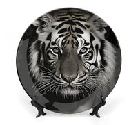 DWVSFJM Piatto decorativo in porcellana con stampa tigre bianca e nera con espositore piatto decorativo in ceramica piatto rotondo in porcellana piatto da pranzo artigianato artistico per decorazione