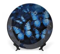 DWVSFJM Piatto decorativo in porcellana ossea con stampa di farfalle blu scuro con espositore piatto decorativo in ceramica piatto rotondo in porcellana piatto da pranzo artigianato artistico per