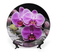 DWVSFJM Piatto decorativo in porcellana ossea con stampa orchidea viola con espositore piatto decorativo in ceramica piatto rotondo in porcellana piatto da pranzo artigianato artistico per decorazione