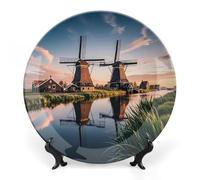 DWVSFJM Piatto decorativo olandese con stampa mulino a vento in porcellana Bone China con espositore piatto decorativo in ceramica piatto rotondo in porcellana piatto da pranzo artigianato artistico