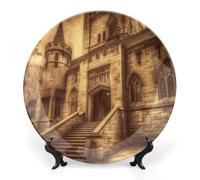 DWVSFJM Piatto decorativo vintage in porcellana con stampa castello medievale con espositore piatto decorativo in ceramica piatto rotondo in porcellana piatto da pranzo artigianato artistico per