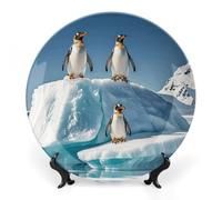 DWVSFJM Pinguini sull'iceberg Stampa Bone China Piatto Decorativo Con Espositore Piatto Decorativo In Ceramica Porcellana Piatto Rotondo Cena Artigianato Artigianato Per Decorazione Da Parete 25,4 cm
