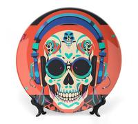 DWVSFJM Punk Rock Auricolari Skull Print Bone China Piatto Decorativo Con Espositore Piatto Decorativo In Ceramica Porcellana Piatto Rotondo Cena Artigianato Per Decorazione Da Parete 15,2 cm