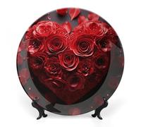 DWVSFJM Red Rose Love Heart Print Bone China Piatto decorativo con espositore Piatto decorativo in ceramica Piatto rotondo in porcellana Piatto da pranzo Artigianato per decorazione da parete 17,8 cm