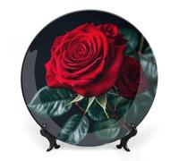 DWVSFJM Rosa rossa Sfondo Nero Stampa Bone China Piatto Decorativo Con Espositore Piatto Decorativo Ceramica Porcellana Rotondo Piatto da Cena Artigianato Artigianato Per Decorazione Da Parete 7