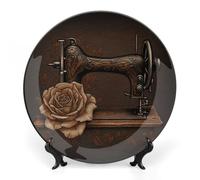 DWVSFJM Rose e macchina da cucire stampa Bone China Piatto decorativo con espositore Piatto decorativo in ceramica Porcellana Piatto da pranzo rotondo Artigianato per decorazione da parete 7 pollici