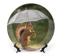 DWVSFJM Scoiattolo Tenere Un Ombrelli Stampa Bone China Piatto Decorativo Con Espositore Piatto Decorativo In Ceramica Porcellana Piatto Rotondo Cena Artigianato Artigianato Per Decorazione Da Parete
