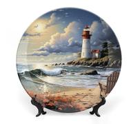 DWVSFJM Sea Lighthouse Sandbeach Print Bone China Piatto decorativo con espositore Piatto decorativo in ceramica Piatto rotondo in porcellana Piatto da pranzo Artigianato per decorazione da parete