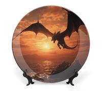 DWVSFJM Sea Sunset Flying Dragon Print Bone China Piatto decorativo con espositore Piatto decorativo in ceramica Piatto rotondo in porcellana Piatto da pranzo Artigianato per decorazione da parete