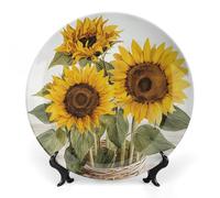 DWVSFJM Seducente Girasoli Estate Stampa Bone China Piatto Decorativo Con Espositore Piatto Decorativo In Ceramica Porcellana Rotondo Piatto Da Pranzo Artigianato Artigianato Per Decorazione Da Parete