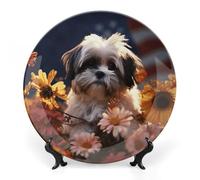 DWVSFJM Shih Tzu Cane E Fiori Stampa Bone China Piatto Decorativo Con Espositore Piatto Decorativo In Ceramica Porcellana Piatto Rotondo Cena Artigianato Artigianato Per Decorazione Da Parete 20,3 cm