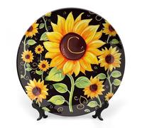 DWVSFJM Simpatico Girasole Stampa Bone China Piatto Decorativo Con Espositore Piatto Decorativo In Ceramica Porcellana Rotondo Piatto Da Pranzo Artigianato Artigianato Per Decorazione Da Parete