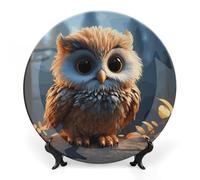 DWVSFJM Simpatico gufo stampa Bone China piatto decorativo con espositore piatto decorativo in ceramica piatto rotondo in porcellana piatto da pranzo artigianato artistico per decorazione da appendere