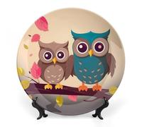 DWVSFJM Simpatico gufo stampa Bone China piatto decorativo con espositore piatto decorativo in ceramica piatto rotondo in porcellana piatto da pranzo artigianato artistico per decorazione da appendere