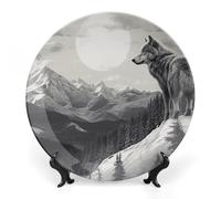 DWVSFJM Snow Mountain Lone Wolf Print Bone China Piatto decorativo con espositore Piatto decorativo in ceramica Piatto rotondo in porcellana Piatto da pranzo Artigianato per decorazione da parete 25,4