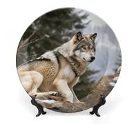 DWVSFJM Snow Mountain Wild Wolf Print Bone China Piatto decorativo con espositore Piatto decorativo in ceramica Piatto rotondo in porcellana Piatto da pranzo Artigianato per decorazione da parete 15,2