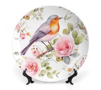 DWVSFJM Stampa floreale acquerello pettirosso stampa uccello Bone China piatto decorativo con espositore piatto decorativo in ceramica piatto da pranzo rotondo in porcellana artigianato artistico per
