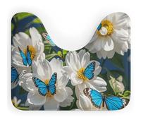 DWVSFJM Tappeto da bagno a forma di U con fiori bianchi e farfalle blu, 40,6 x 50,8 cm, assorbente, ad asciugatura rapida, antiscivolo, facile da pulire, per vasca da bagno e lavandino