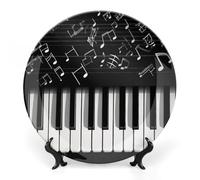 DWVSFJM Tasti di pianoforte con note musicali Stampa Bone China Piatto decorativo con espositore Piatto decorativo in ceramica Piatto rotondo in porcellana Piatto da pranzo Artigianato per decorazione