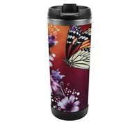 DWVSFJM Tazza da viaggio sottovuoto a doppia parete in acciaio inossidabile Tazza da viaggio isolata con fiore e farfalla Tazza in metallo di grande capacità Tazza da caffè riutilizzabile con