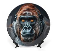 DWVSFJM Un Gorilla Print Bone China Piatto decorativo con espositore Piatto decorativo in ceramica Porcellana Piatto rotondo da pranzo Artigianato per decorazione da parete 20,3 cm