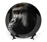 DWVSFJM Un piatto decorativo in porcellana con stampa gorilla per adulti, con espositore in ceramica, piatto decorativo in porcellana, piatto da pranzo rotondo, artigianato artistico per decorazione