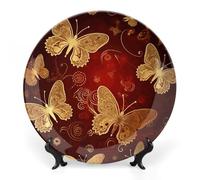 DWVSFJM Valentine Hearts Golden Butterfly Print Bone China Piatto decorativo con espositore Piatto decorativo in ceramica Piatto rotondo in porcellana Piatto da pranzo Artigianato per decorazione da