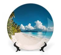 DWVSFJM White Beach Tropical Sea Print Bone China Piatto decorativo con espositore Piatto decorativo in ceramica Piatto rotondo in porcellana Piatto da pranzo Artigianato per decorazione da parete
