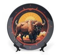 DWVSFJM Wild American Bison Mountains Stampa Bone China Piatto decorativo con espositore Piatto decorativo in ceramica Piatto rotondo in porcellana Piatto da pranzo Artigianato per decorazione da