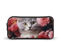 DWVTFSM Astuccio portapenne con gatto in fiori, grande capacità, grazioso astuccio per trucchi e cosmetici, per donne e uomini