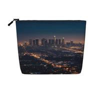 Dwvtfsm Beauty case da donna con skyline di Los Angeles, organizer da viaggio in lino impermeabile leggero con cerniera, borsa da toeletta da viaggio organizer per pennelli da trucco