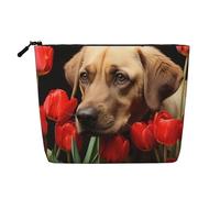 Dwvtfsm Borsa per il trucco con tulipani rossi da donna, organizer per cosmetici da viaggio in lino impermeabile leggero con cerniera borsa da toilette organizer per pennelli da trucco
