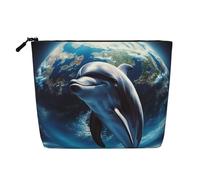 Dwvtfsm Borsa per il trucco da donna, borsa da viaggio impermeabile in lino con delfino Terra, organizer per cosmetici da viaggio, leggera, con cerniera, organizer per pennelli da trucco
