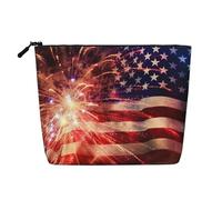 Dwvtfsm Borsa per il trucco da donna, con bandiera americana e fuochi d'artificio, impermeabile, in lino, da viaggio, leggera, con cerniera, organizer per pennelli da trucco