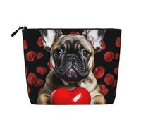 Dwvtfsm Borsa per il trucco da donna, con bulldog francese con cuore rosso, organizer per cosmetici da viaggio in lino impermeabile leggero con cerniera borsa da toilette organizer per pennelli da