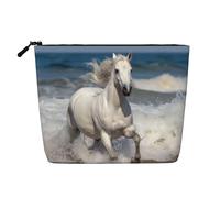 Dwvtfsm Borsa per il trucco da donna, con cavallo bianco che corre sul mare, organizer per cosmetici da viaggio in lino impermeabile leggero con cerniera borsa da toeletta da viaggio organizer per