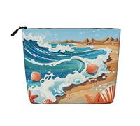 Dwvtfsm Borsa per il trucco da donna, con conchiglie e onde, in lino, impermeabile, organizer per cosmetici, leggera, con cerniera, organizer per pennelli da trucco