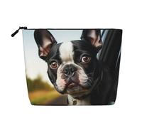 Dwvtfsm Borsa per il trucco da donna, con cucciolo di cane Boston Terrier, impermeabile, in lino, organizer per cosmetici, leggera, con cerniera, organizer per pennelli da trucco