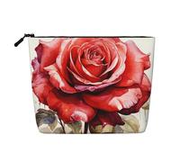 Dwvtfsm Borsa per il trucco da donna con fiori di rosa ad acquerello rosso, organizer per cosmetici da viaggio in lino impermeabile leggero con cerniera borsa da toeletta da viaggio organizer per
