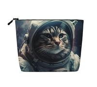 Dwvtfsm Borsa per il trucco da donna, con gatto astronauta nello spazio, organizer da viaggio in lino impermeabile leggero con cerniera, borsa da toeletta da viaggio organizer per pennelli da trucco
